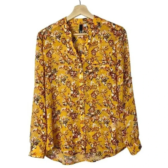 Kut From the Kloth Golden Yellow Floral Chiffon Long Sleeve Blouse XS - Picture 1 of 4